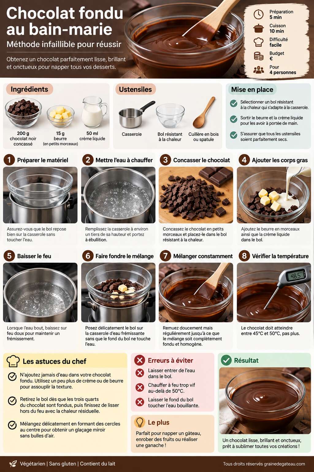 Fiche recette Chocolat fondu au bain-marie : méthode infaillible pour réussir Fiche recette Chocolat fondu au bain-marie : méthode infaillible pour réussir