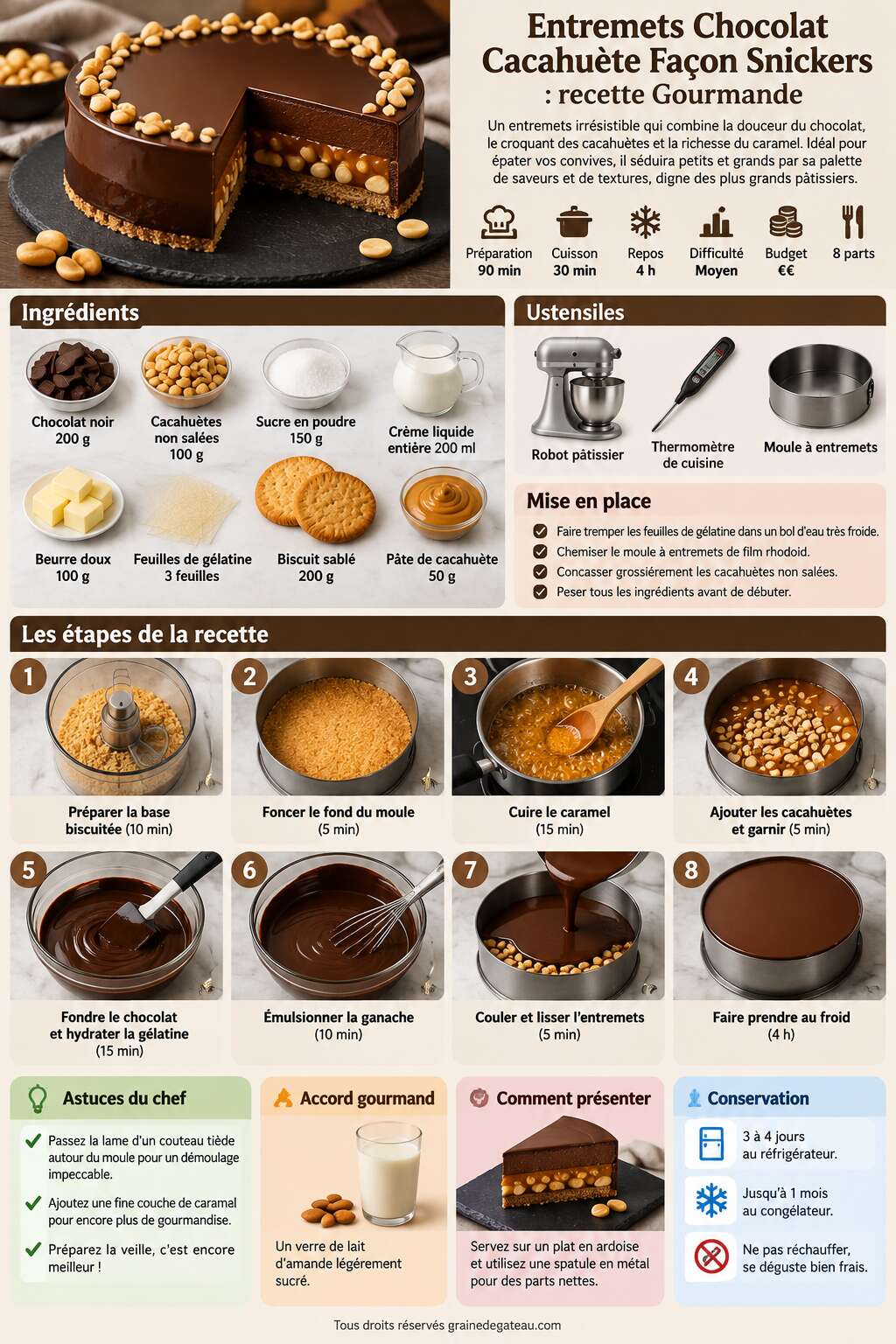 Fiche recette Entremets Chocolat Cacahu&egrave;te Fa&ccedil;on Snickers : recette Gourmande