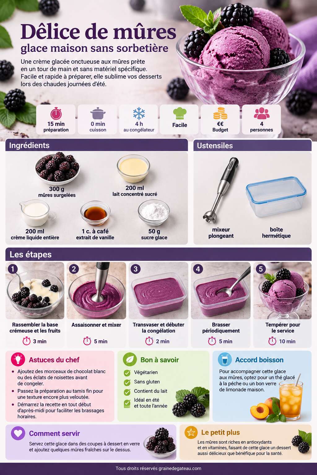 Fiche recette Délice de mûres : glace maison sans sorbetière Fiche recette Délice de mûres : glace maison sans sorbetière