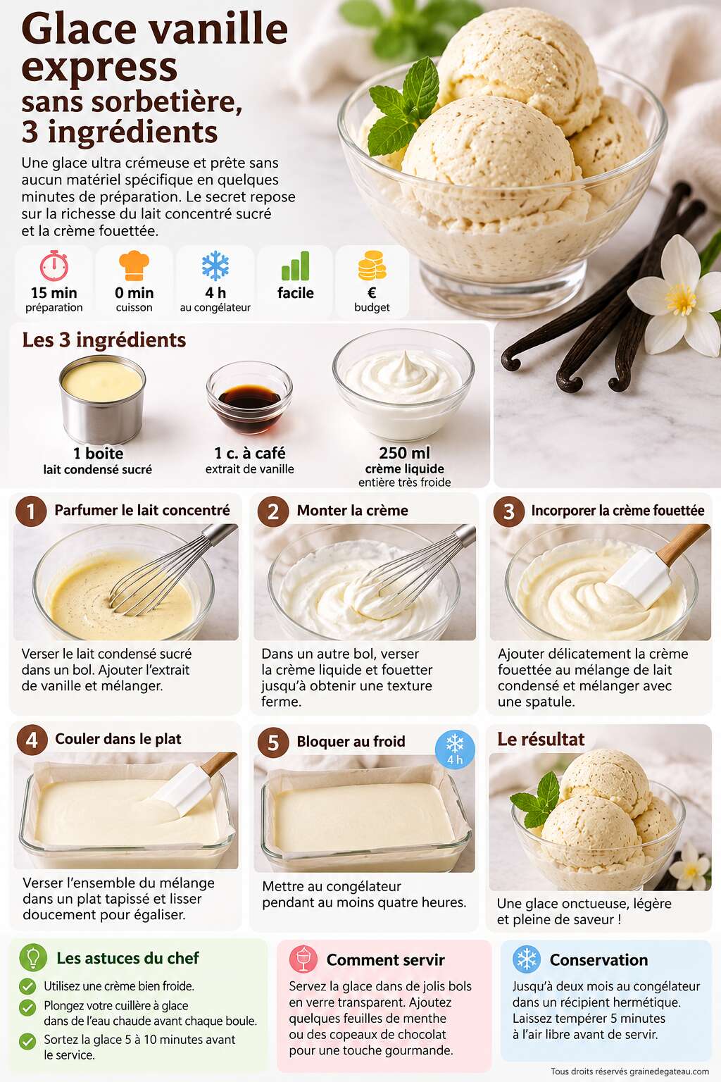 Fiche recette Glace vanille express : sans sorbetière, 3 ingrédients Fiche recette Glace vanille express : sans sorbetière, 3 ingrédients