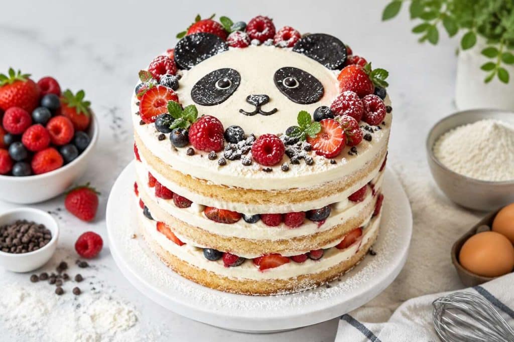 Recette du naked cake vanille et fruits rouges thème panda