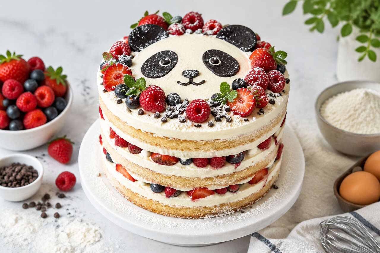 Recette du naked cake vanille et fruits rouges thème panda