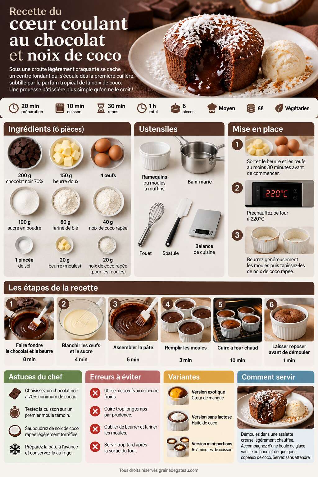 Fiche recette Recette du c&oelig;ur coulant au chocolat et noix de coco