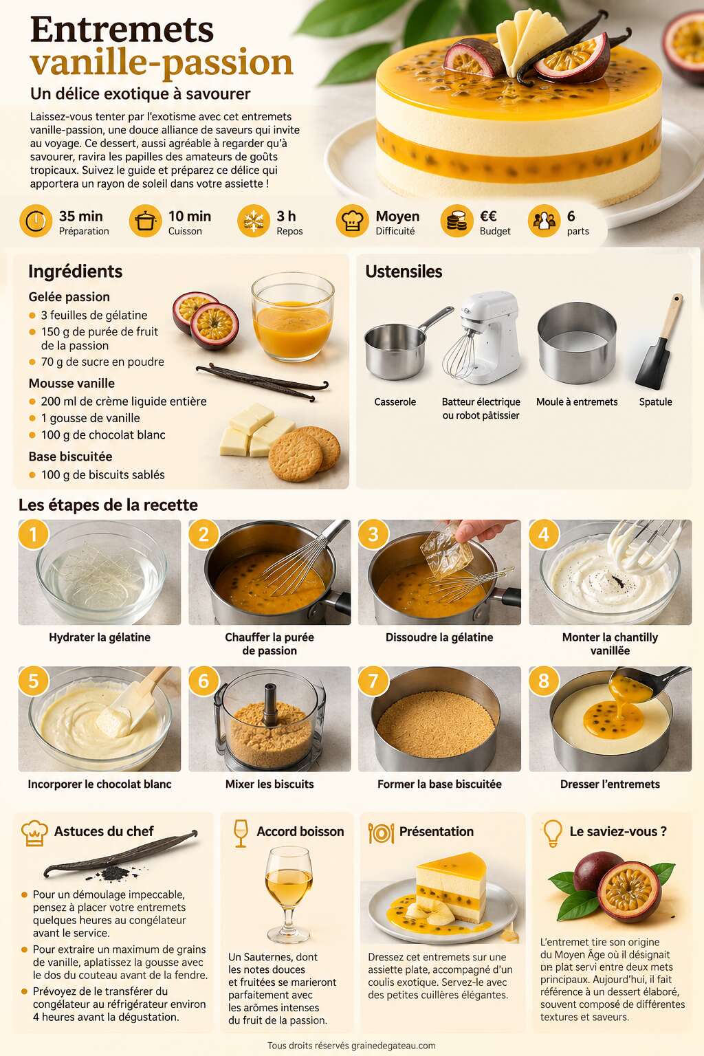 Fiche recette Recette d'entremets vanille-passion : un d&eacute;lice exotique &agrave; savourer