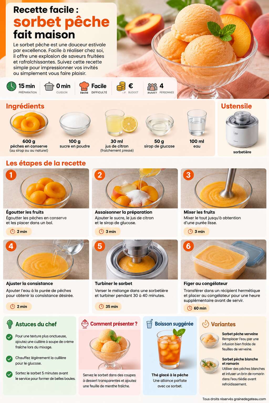 Fiche recette Recette facile : sorbet pêche fait maison Fiche recette Recette facile : sorbet pêche fait maison
