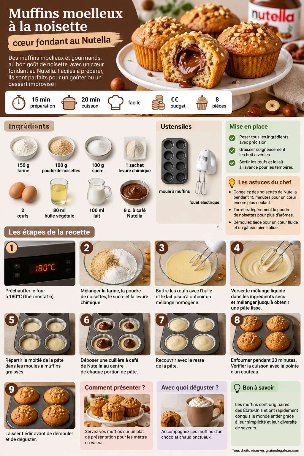 Fiche recette Muffins moelleux &agrave; la noisette : c&oelig;ur fondant au Nutella