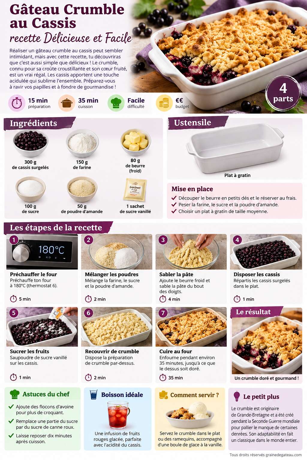 Fiche recette Gâteau Crumble au Cassis : recette Délicieuse et Facile Fiche recette Gâteau Crumble au Cassis : recette Délicieuse et Facile