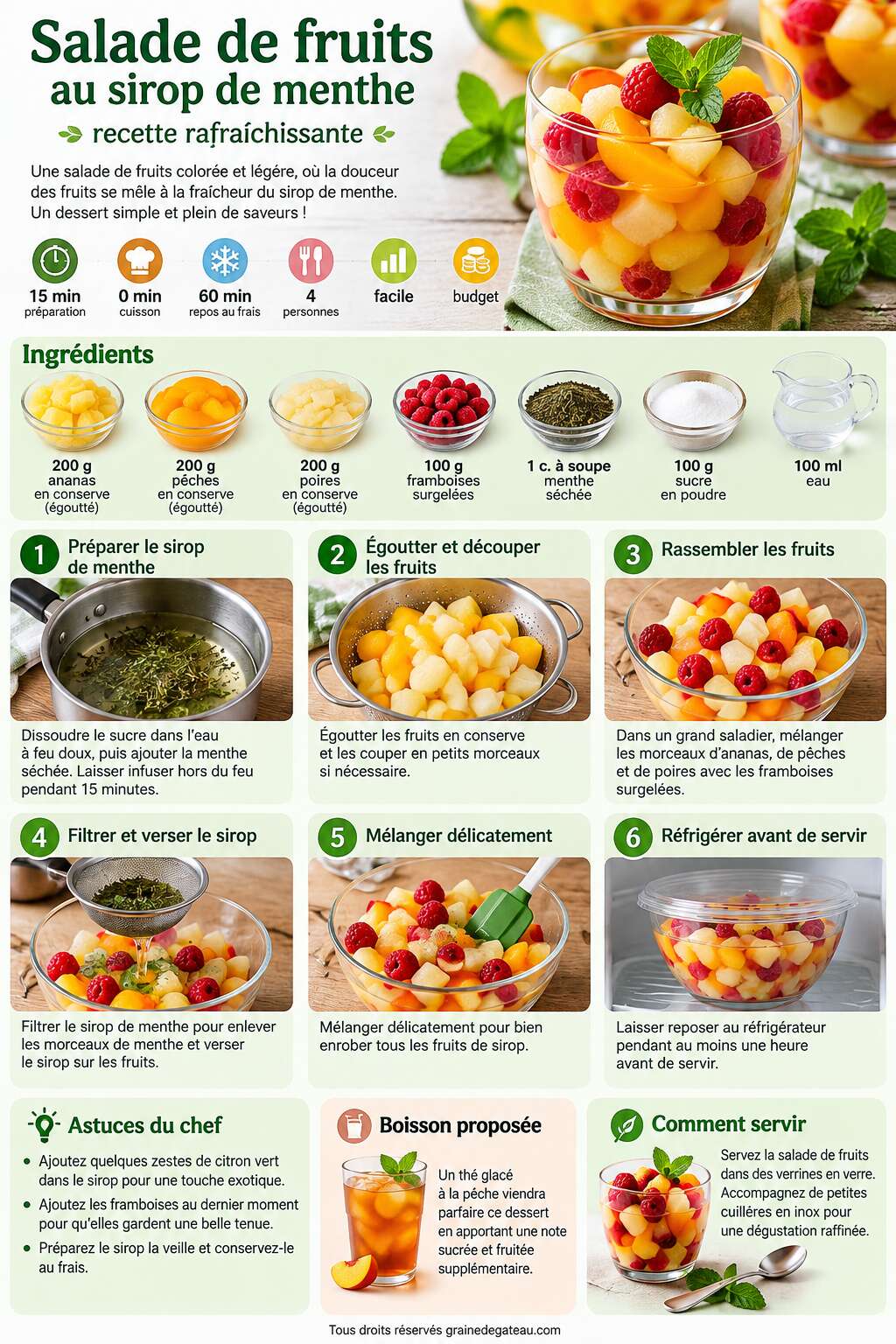 Fiche recette Salade de fruits au sirop de menthe : recette rafraîchissante Fiche recette Salade de fruits au sirop de menthe : recette rafraîchissante