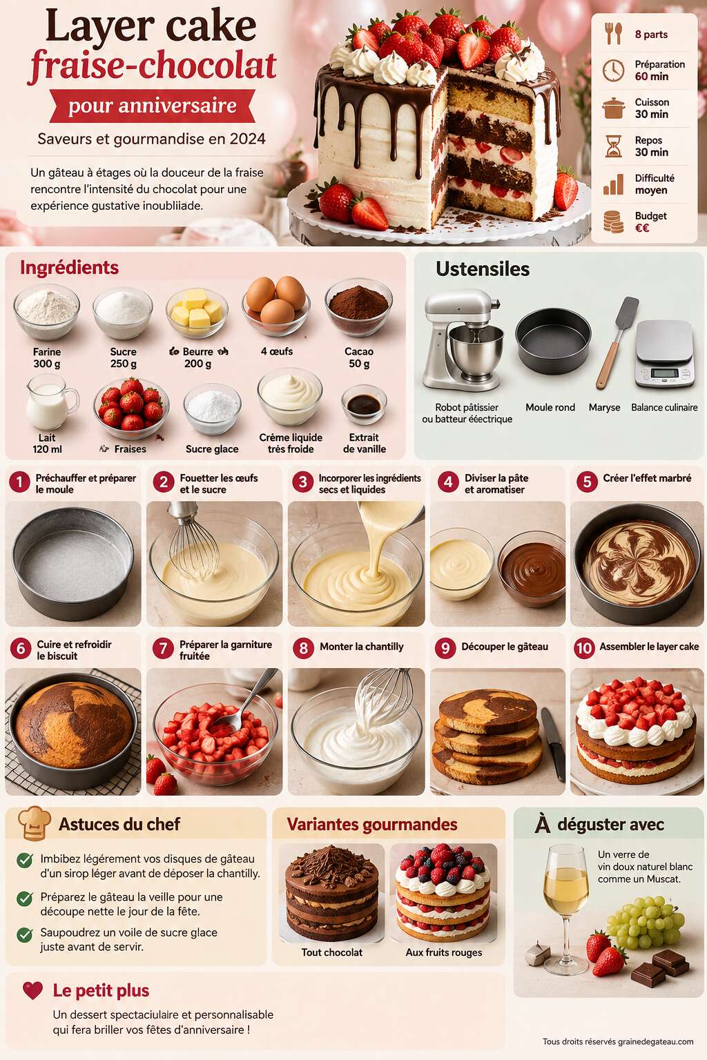 Fiche recette Recette de layer cake fraise-chocolat pour anniversaire : saveurs et gourmandise en 2024