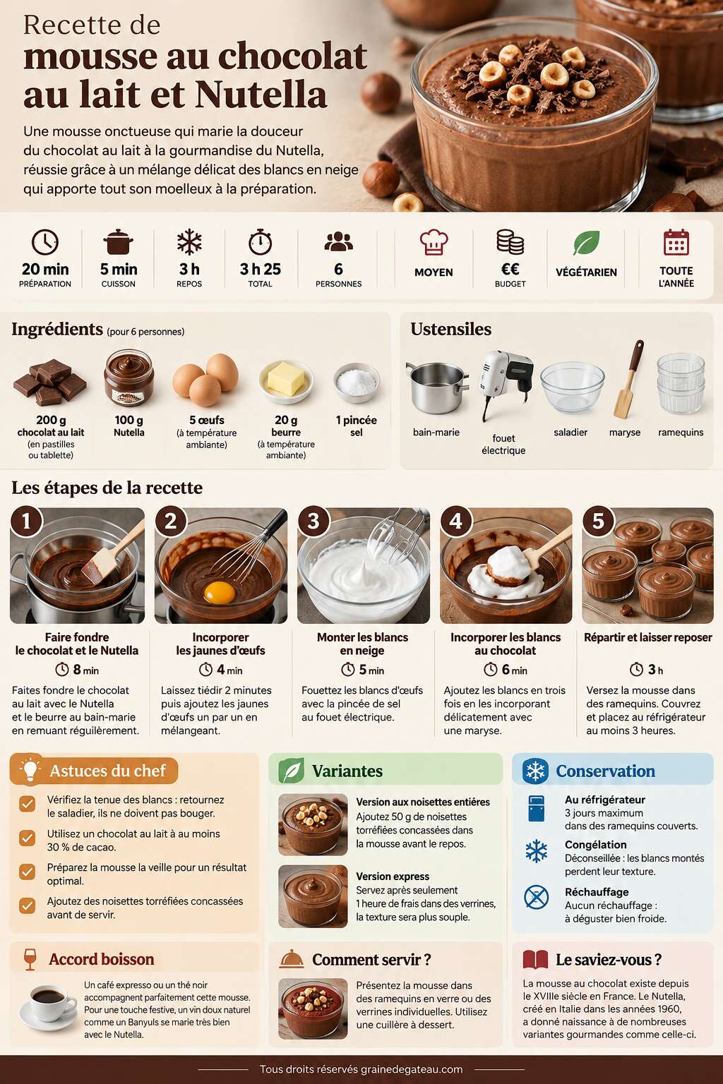 Fiche recette Recette de mousse au chocolat au lait et Nutella Fiche recette Recette de mousse au chocolat au lait et Nutella