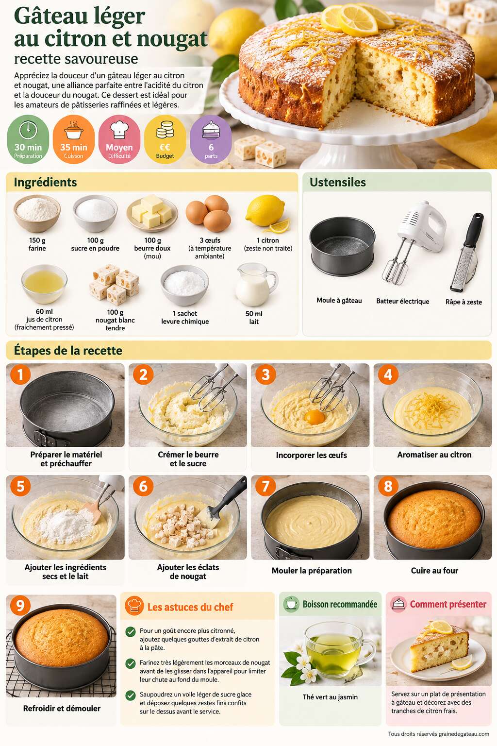 Fiche recette Gâteau léger au citron et nougat : recette savoureuse Fiche recette Gâteau léger au citron et nougat : recette savoureuse