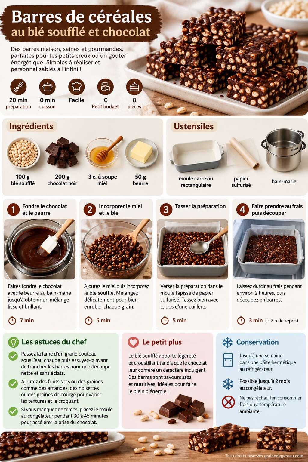 Fiche recette Recette facile de barres de céréales au blé soufflé et chocolat Fiche recette Recette facile de barres de céréales au blé soufflé et chocolat