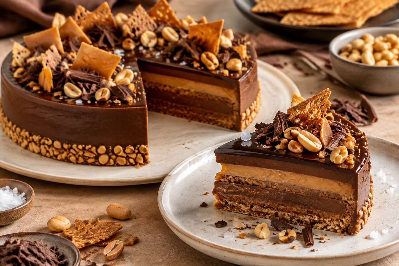 Recette d'entremets chocolat, caramel et cacahuète : le Choccarahuète