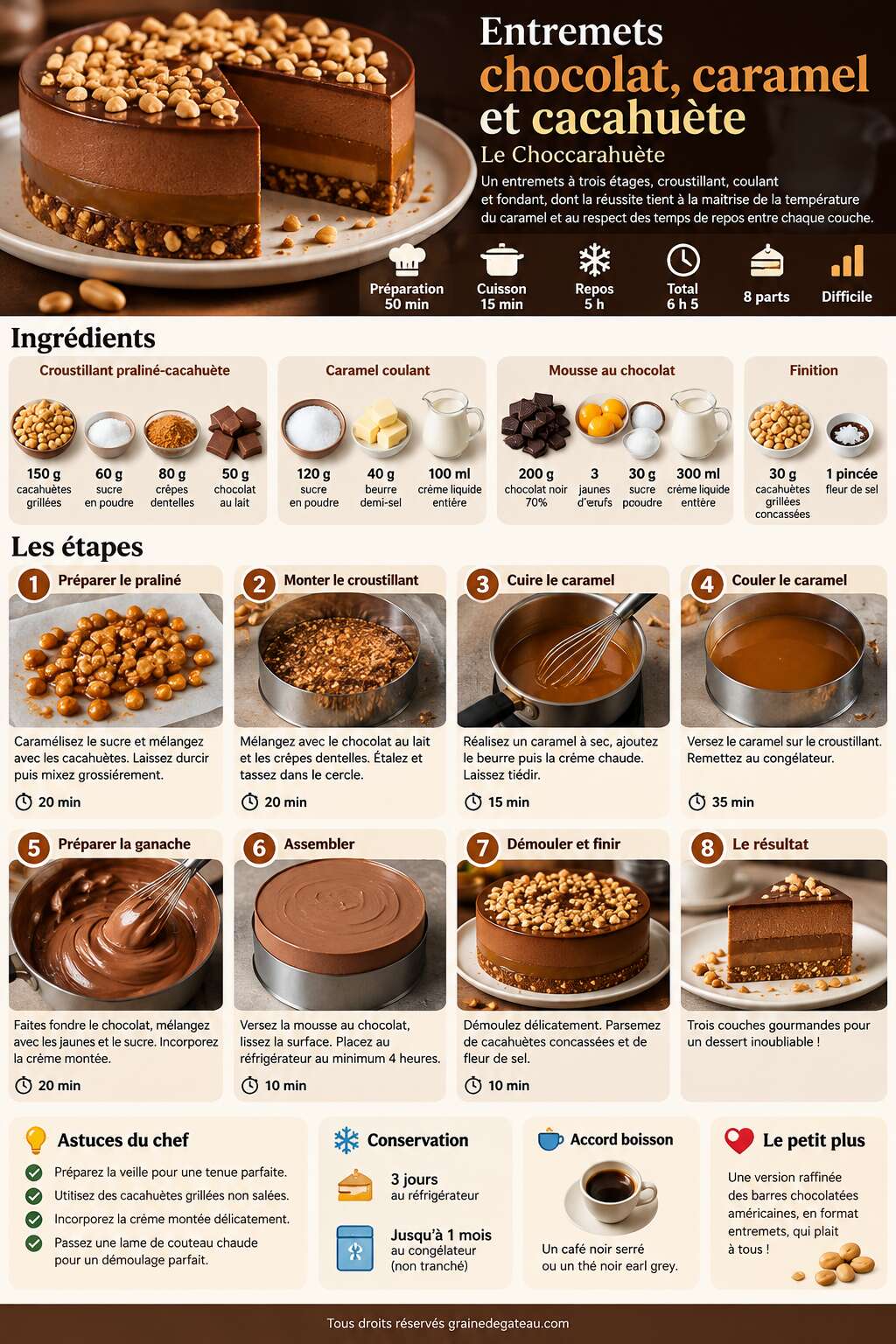 Fiche recette Recette d'entremets chocolat, caramel et cacahu&egrave;te : le Choccarahu&egrave;te