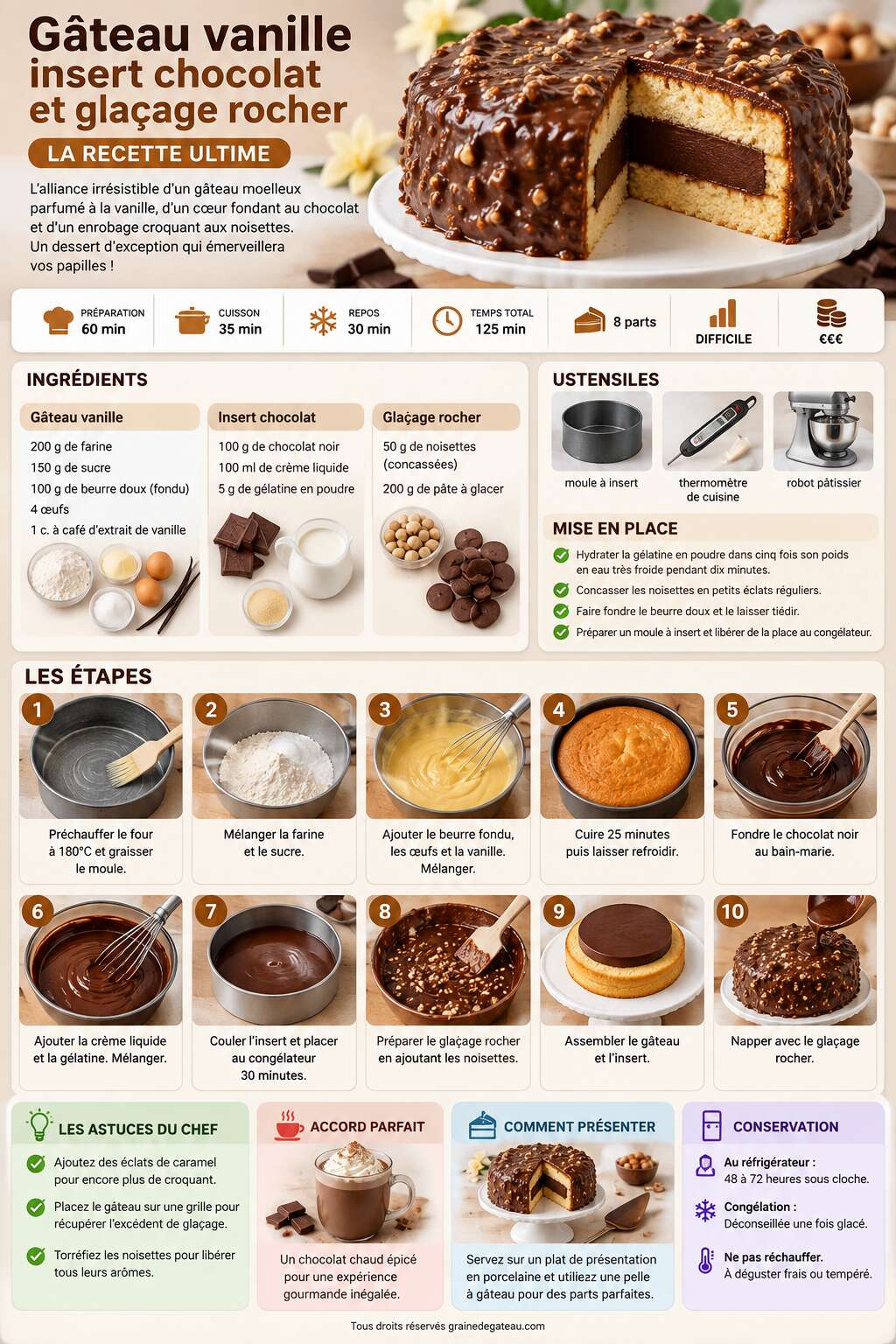 Fiche recette Gâteau vanille insert chocolat et glaçage rocher : la recette ultime Fiche recette Gâteau vanille insert chocolat et glaçage rocher : la recette ultime