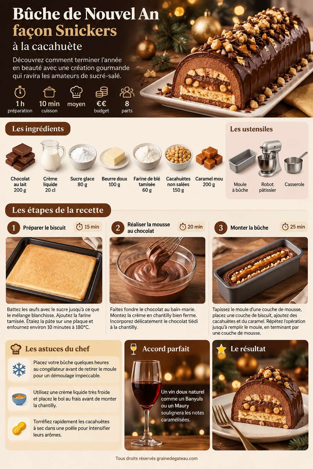Fiche recette Recette de bûche de Nouvel An façon Snickers à la cacahuète Fiche recette Recette de bûche de Nouvel An façon Snickers à la cacahuète