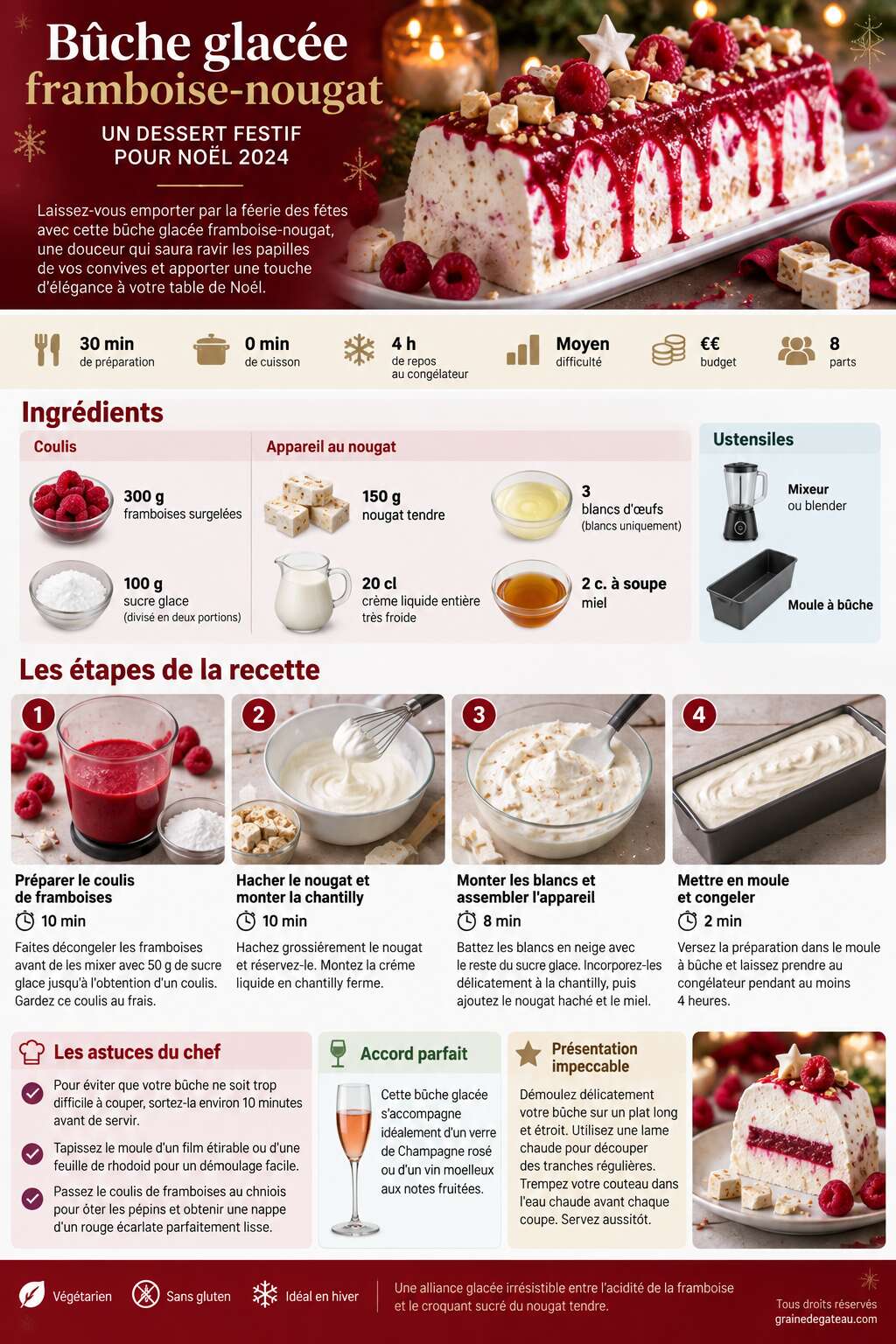 Fiche recette Recette de b&ucirc;che glac&eacute;e framboise-nougat : un dessert festif pour No&euml;l 2024