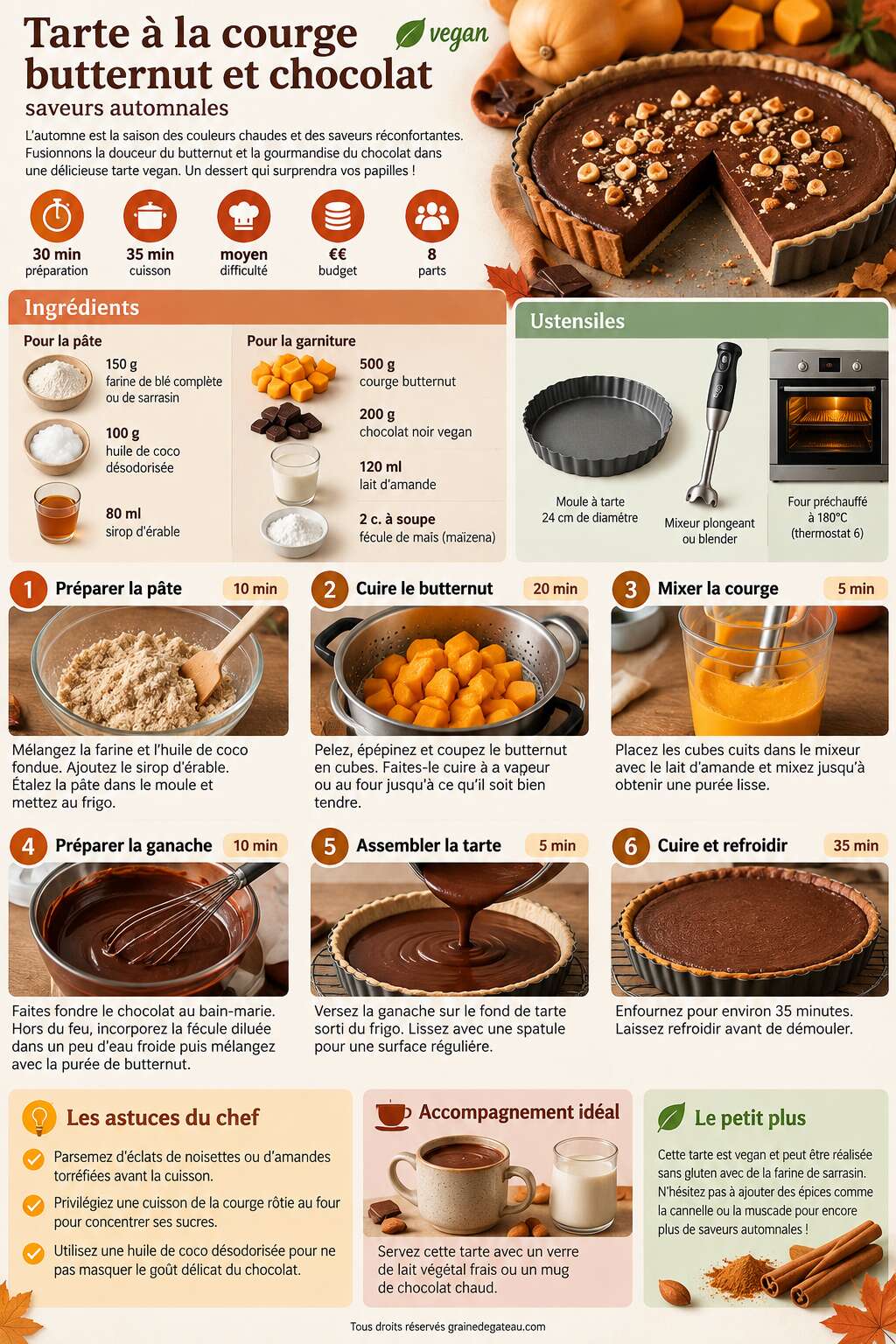 Fiche recette Recette de tarte à la courge butternut et chocolat vegan : saveurs automnales Fiche recette Recette de tarte à la courge butternut et chocolat vegan : saveurs automnales