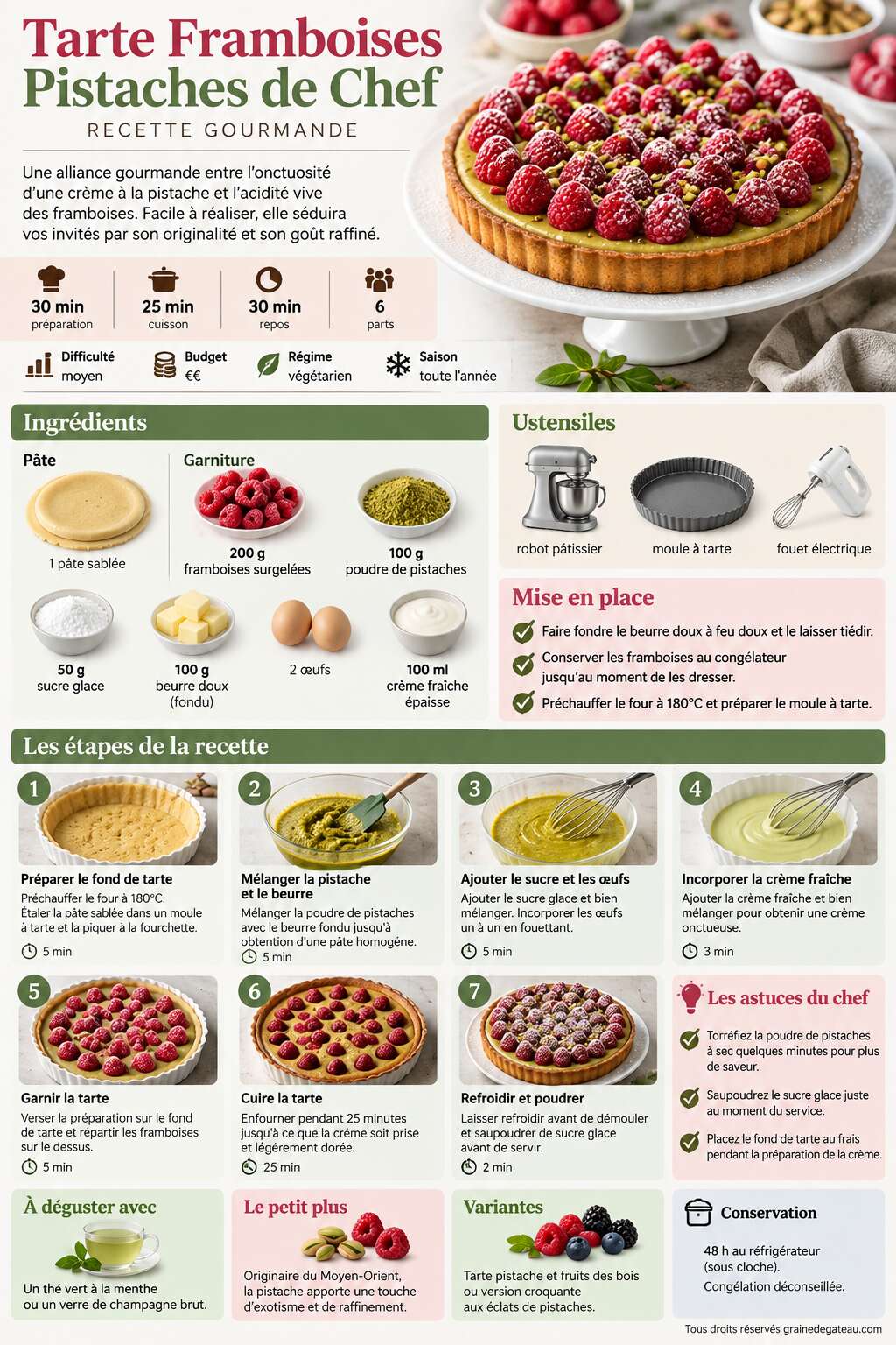 Fiche recette Tarte Framboises Pistaches de Chef : recette Gourmande Fiche recette Tarte Framboises Pistaches de Chef : recette Gourmande