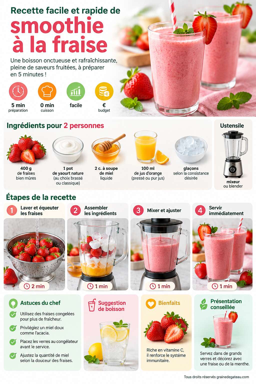Fiche recette Recette facile et rapide de smoothie à la fraise Fiche recette Recette facile et rapide de smoothie à la fraise