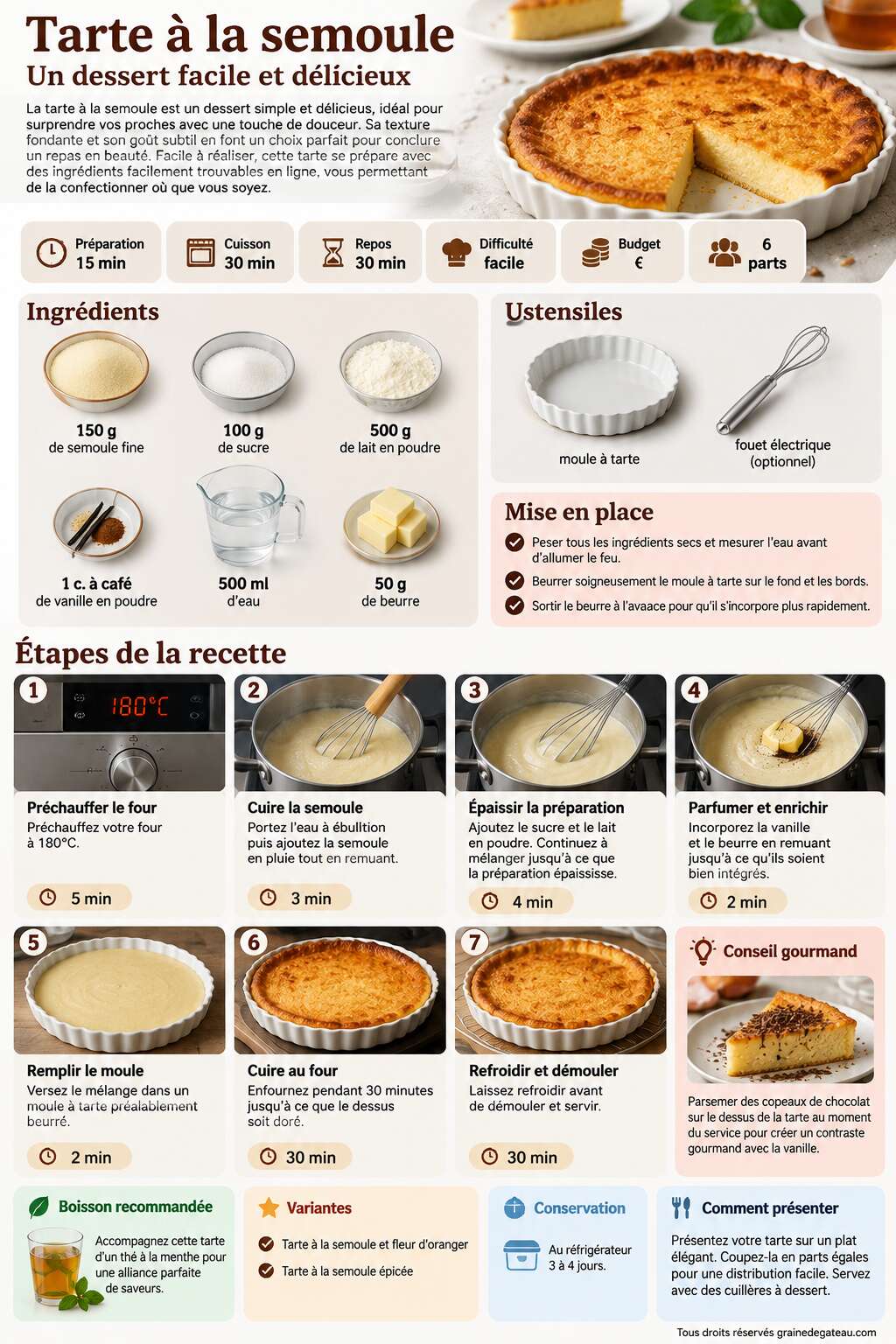 Fiche recette Recette de tarte &agrave; la semoule : un dessert facile et d&eacute;licieux