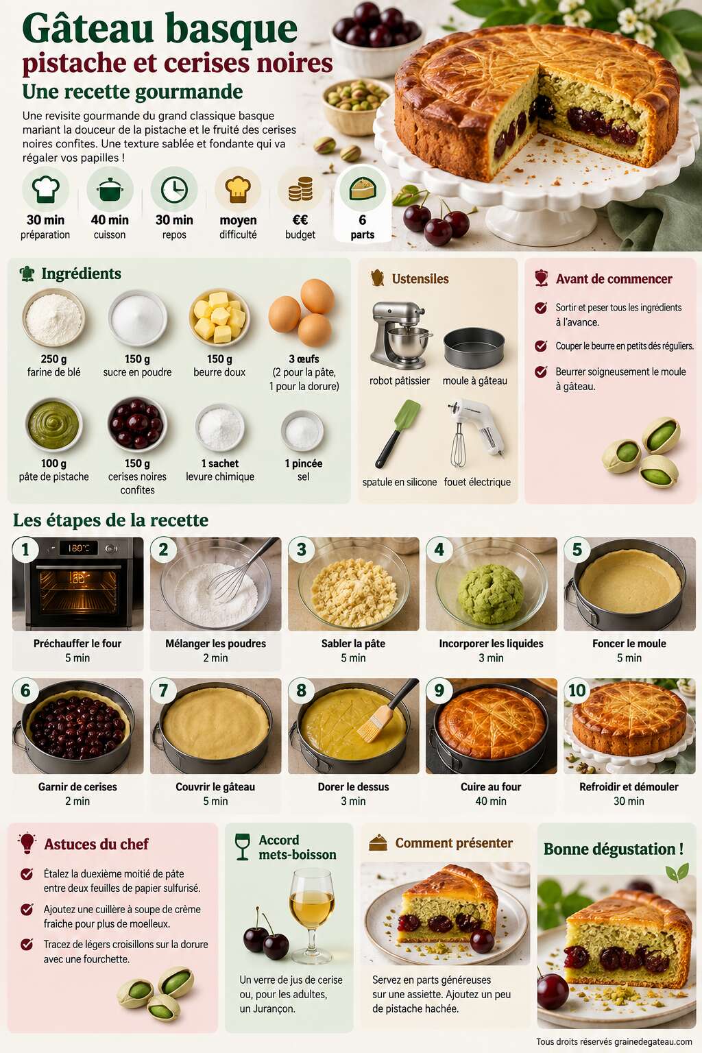 Fiche recette G&acirc;teau basque pistache et cerises noires : une recette gourmande