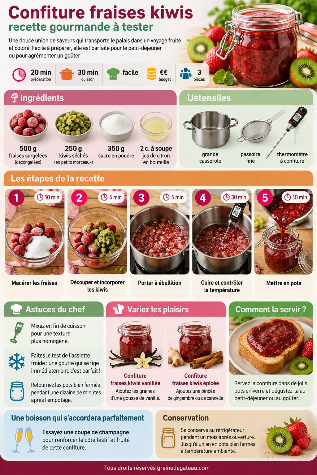 Fiche recette Confiture fraises kiwis : recette gourmande &agrave; tester