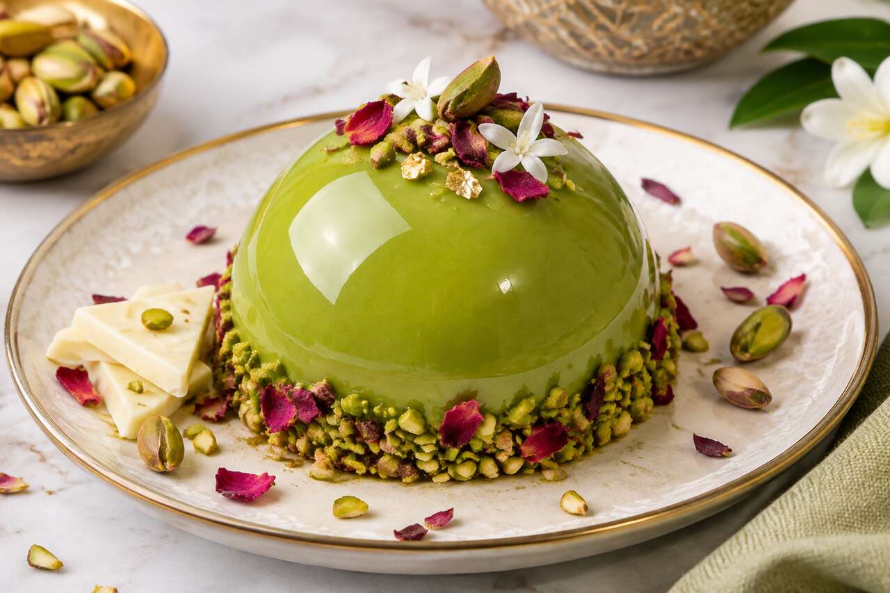 Recette de la boule d'Orient : entremets pistache et fleur d'oranger