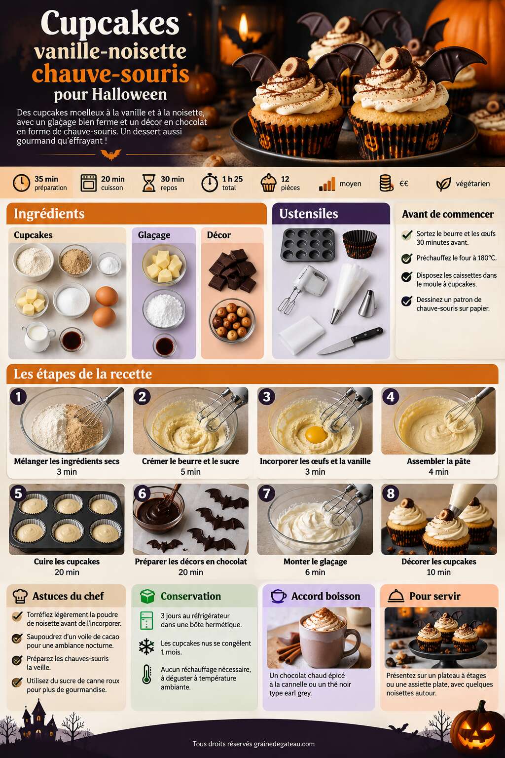 Fiche recette Recette de cupcakes vanille-noisette chauve-souris pour Halloween