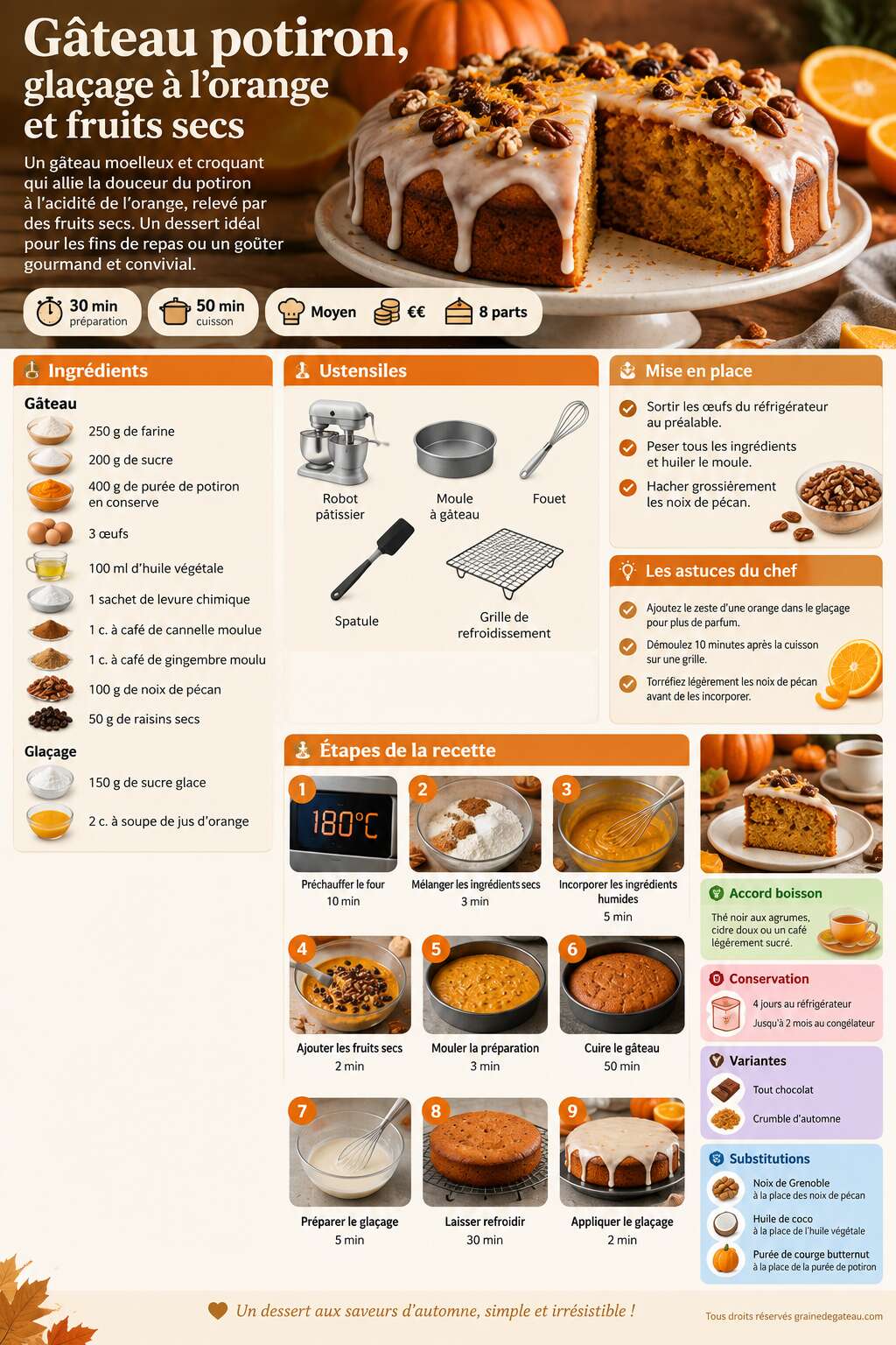 Fiche recette Gâteau potiron, glaçage à l'orange et fruits secs : recette gourmande Fiche recette Gâteau potiron, glaçage à l'orange et fruits secs : recette gourmande