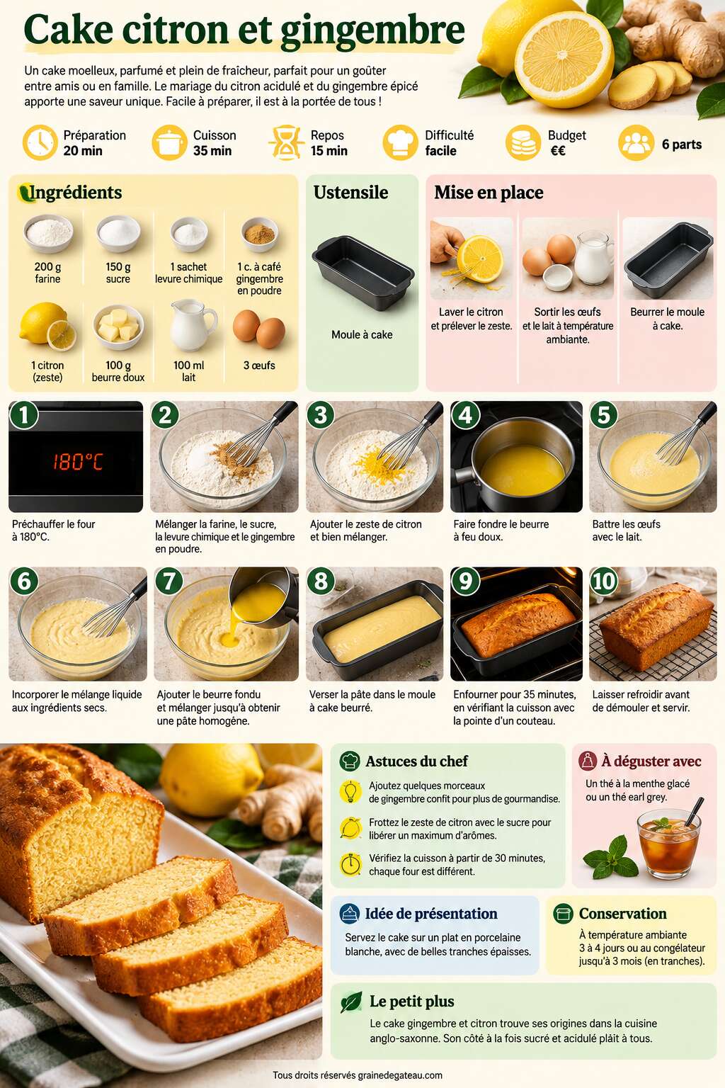 Fiche recette Recette de cake citron et gingembre
