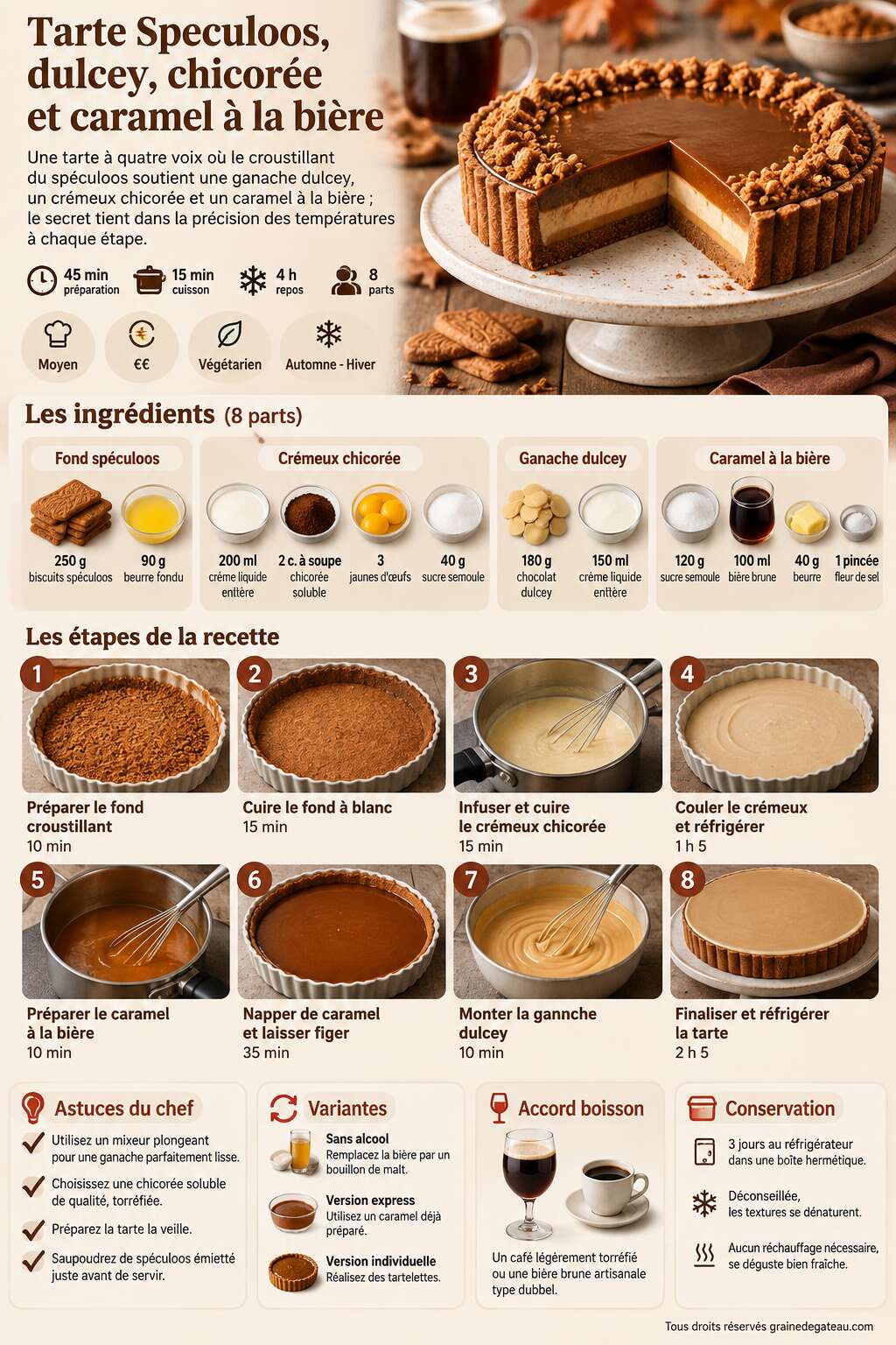 Fiche recette Recette de tarte Speculoos, dulcey, chicorée et caramel à la bière Fiche recette Recette de tarte Speculoos, dulcey, chicorée et caramel à la bière