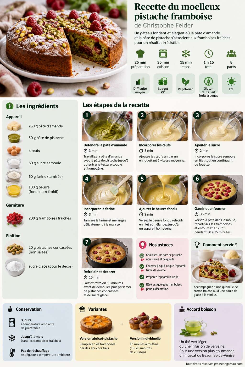 Fiche recette Recette du moelleux pistache framboise de Christophe Felder