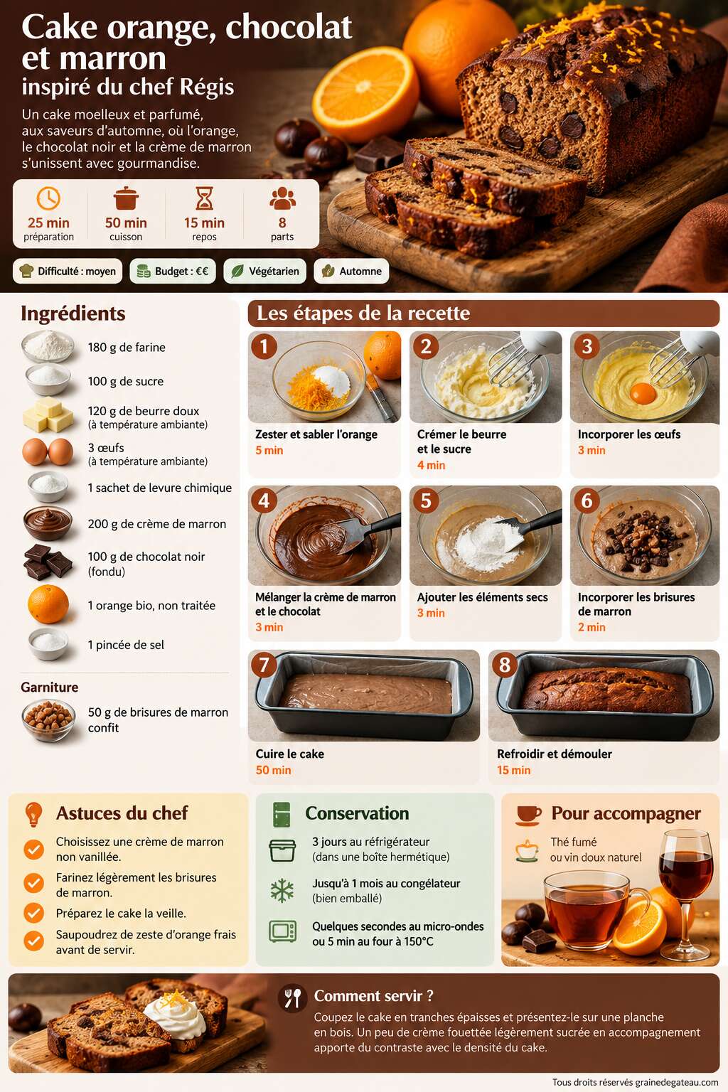 Fiche recette Cake orange, chocolat et marron inspiré du chef Régis Fiche recette Cake orange, chocolat et marron inspiré du chef Régis