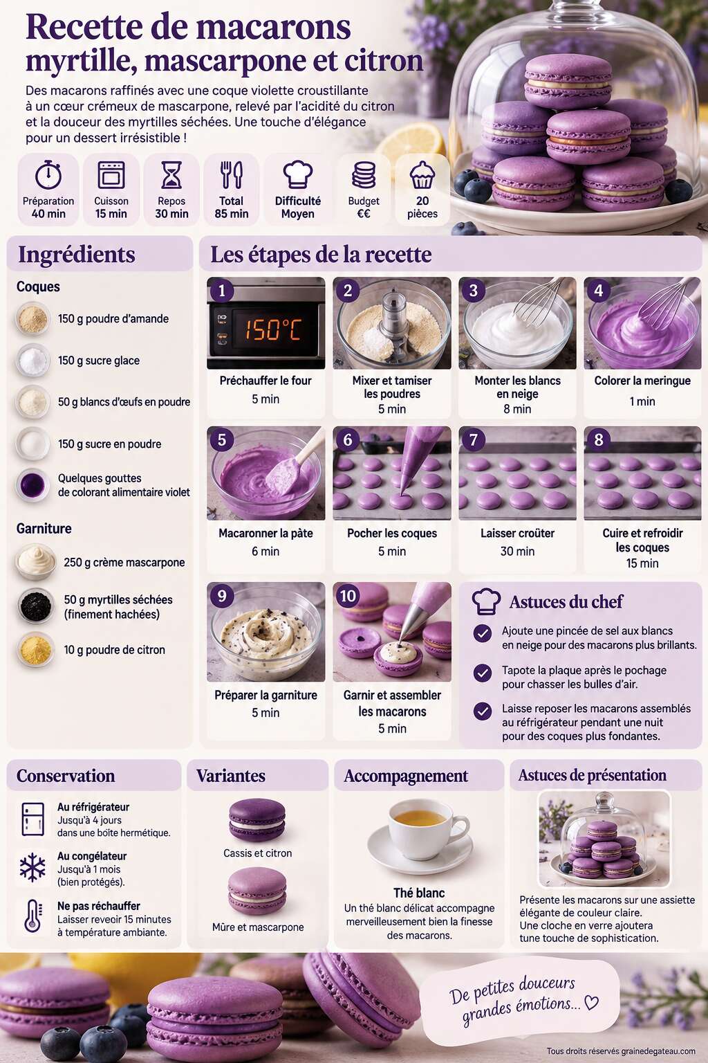 Fiche recette Recette de macarons myrtille, mascarpone et citron