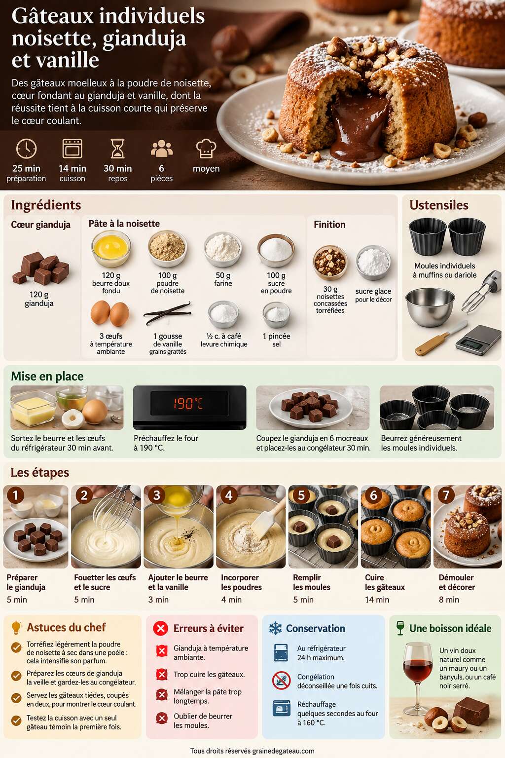 Fiche recette Recette de g&acirc;teaux individuels noisette, gianduja et vanille