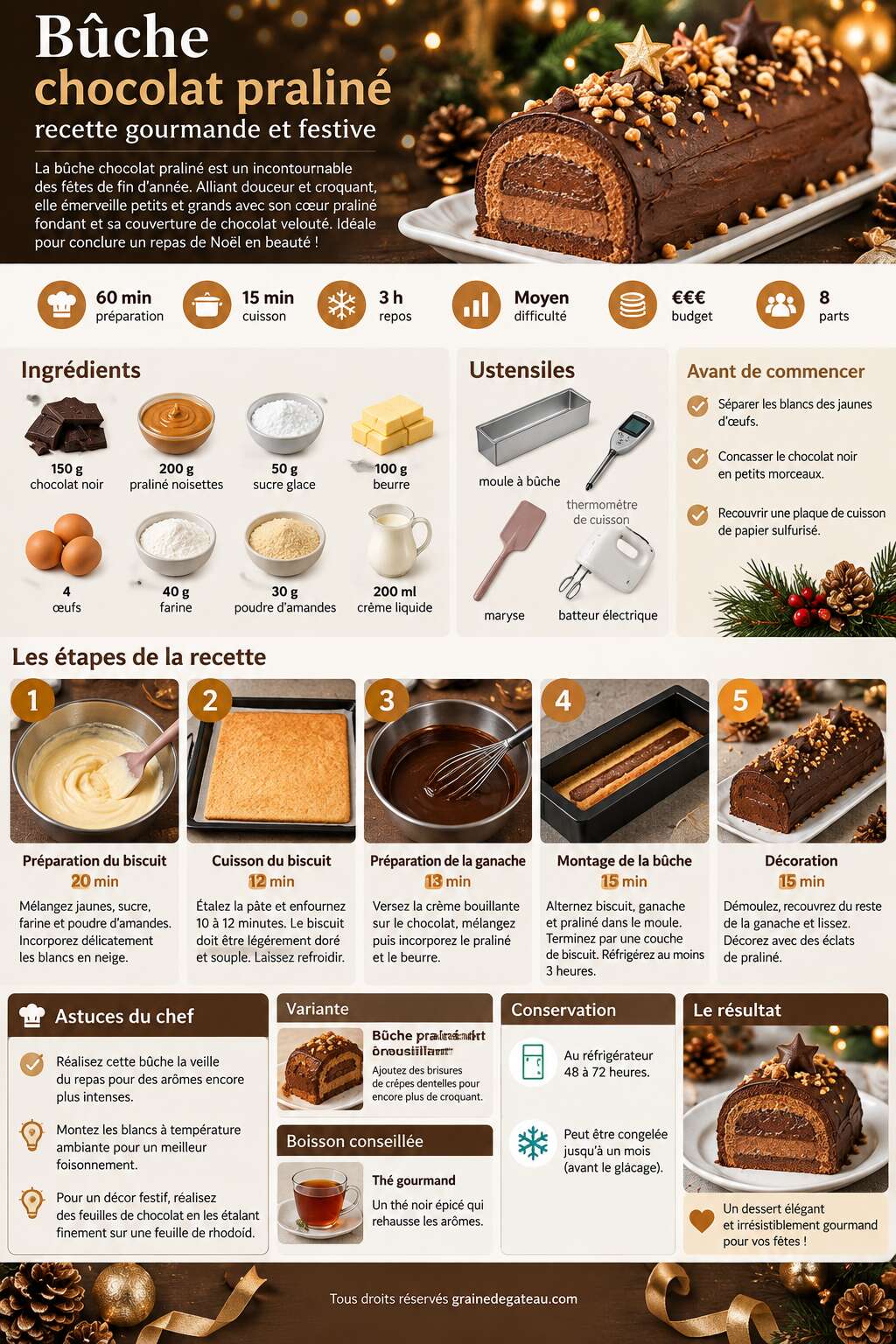 Fiche recette Bûche chocolat praliné : recette gourmande et festive Fiche recette Bûche chocolat praliné : recette gourmande et festive
