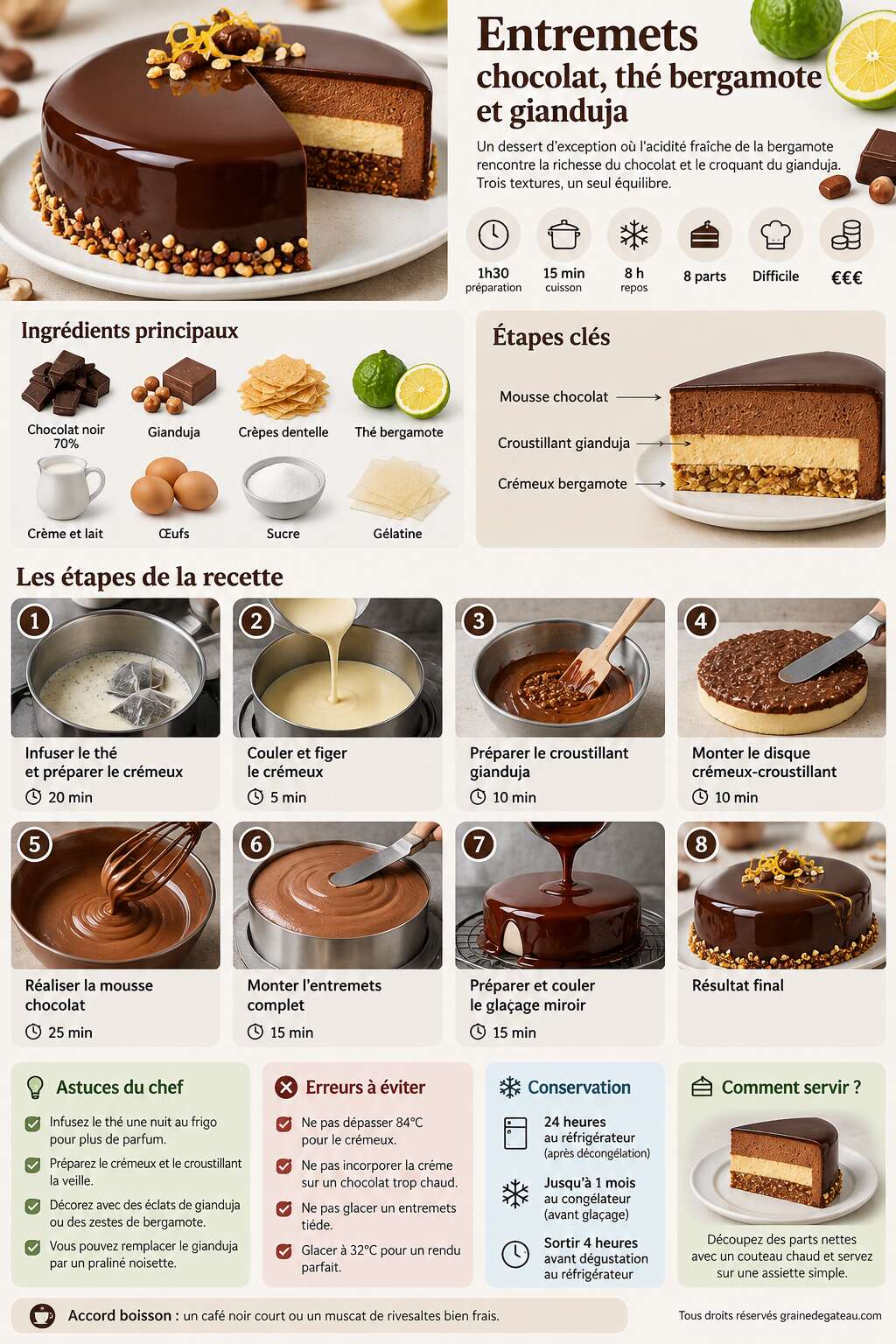 Fiche recette Recette d'entremets chocolat, thé bergamote et gianduja Fiche recette Recette d'entremets chocolat, thé bergamote et gianduja