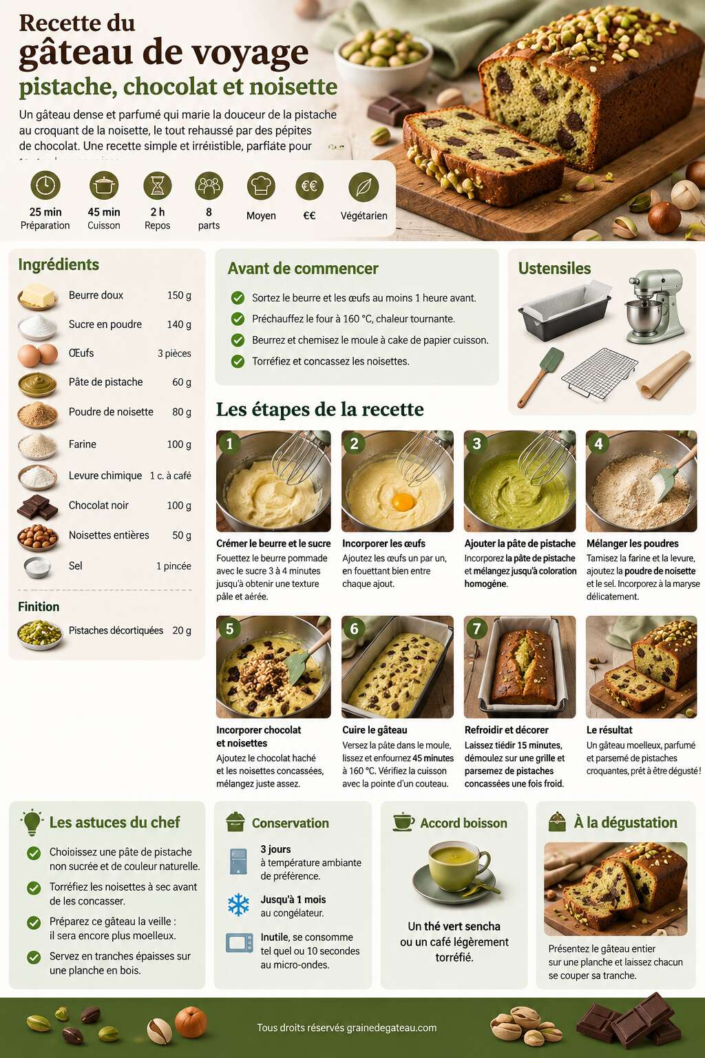 Fiche recette Recette du gâteau de voyage pistache, chocolat et noisette Fiche recette Recette du gâteau de voyage pistache, chocolat et noisette