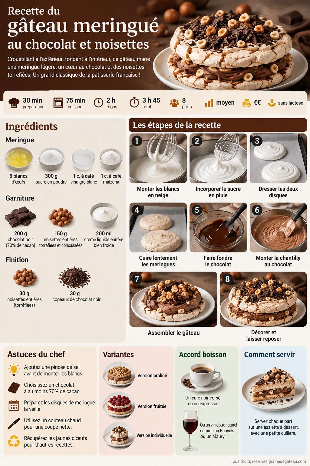 Fiche recette Recette du gâteau meringué au chocolat et noisettes Fiche recette Recette du gâteau meringué au chocolat et noisettes