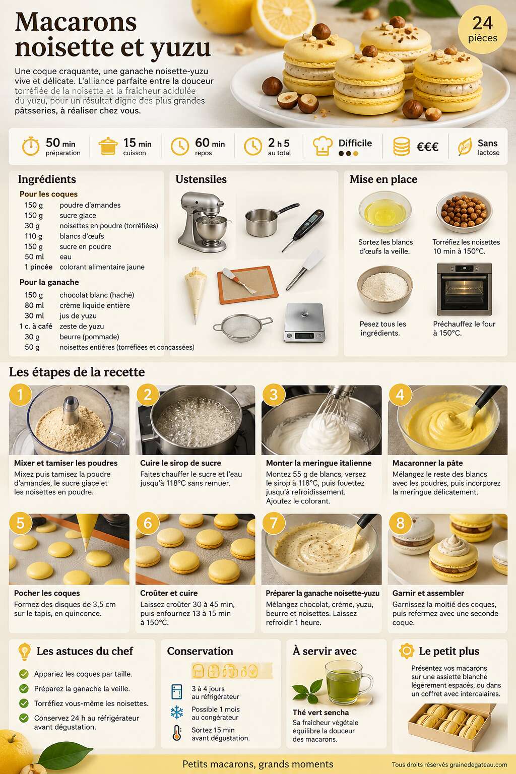 Fiche recette Recette de macarons noisette et yuzu