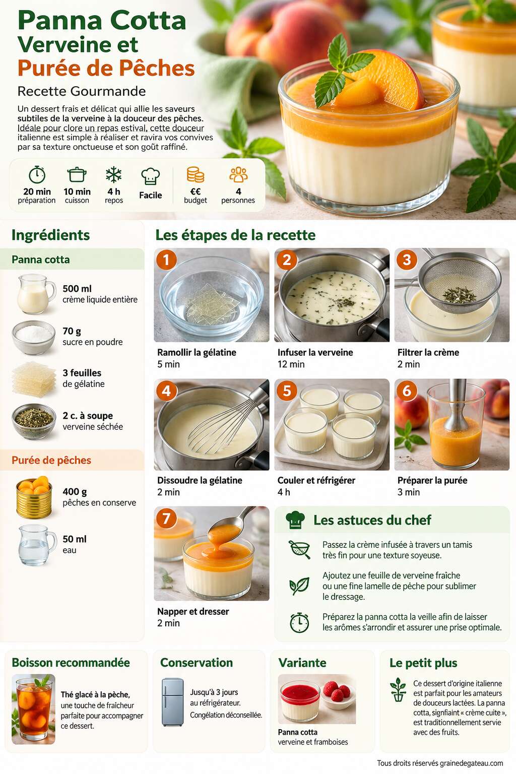 Fiche recette Panna Cotta Verveine et Purée de Pêches : recette Gourmande Fiche recette Panna Cotta Verveine et Purée de Pêches : recette Gourmande