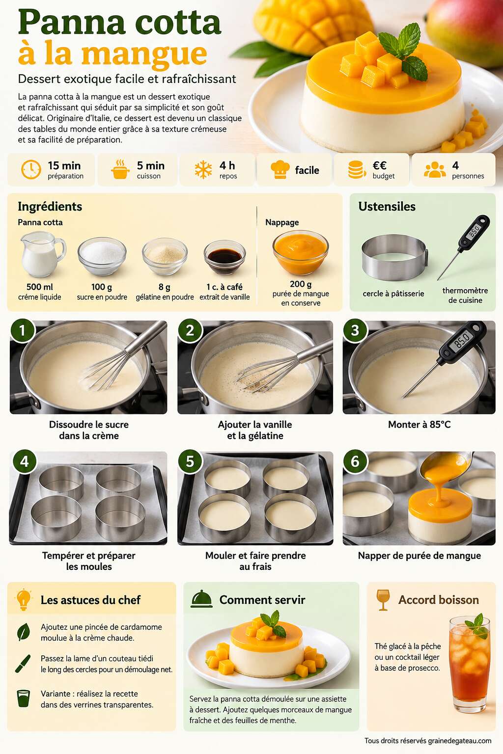 Fiche recette Recette de panna cotta à la mangue : dessert exotique facile et rafraîchissant Fiche recette Recette de panna cotta à la mangue : dessert exotique facile et rafraîchissant