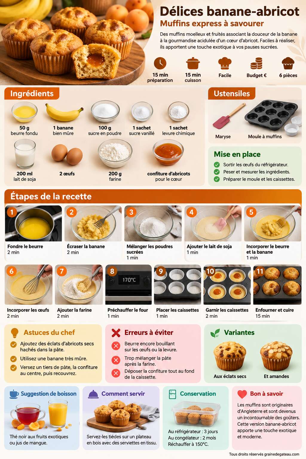 Fiche recette D&eacute;lices banane-abricot : muffins express &agrave; savourer