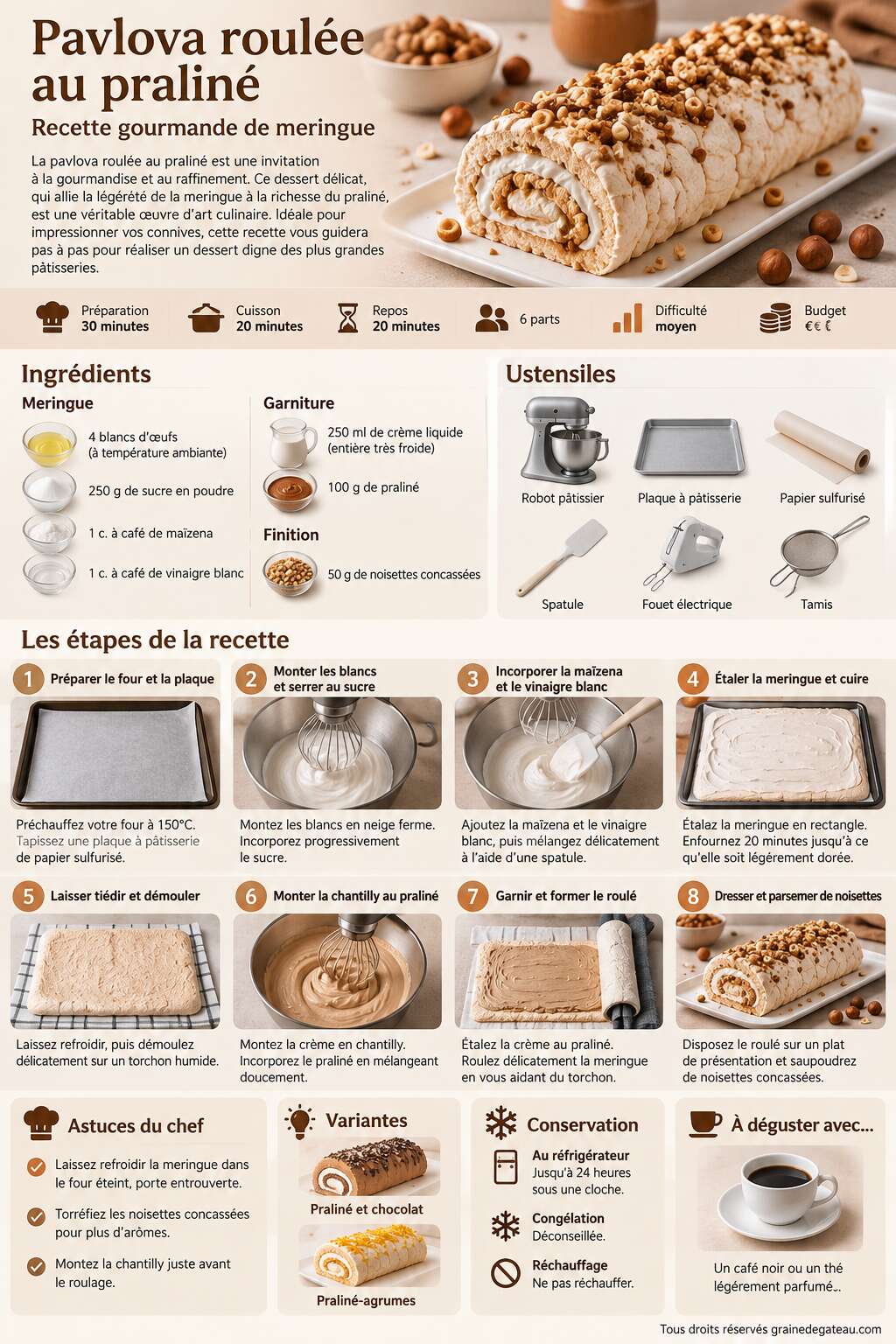Fiche recette Pavlova roul&eacute;e au pralin&eacute; : recette gourmande de meringue