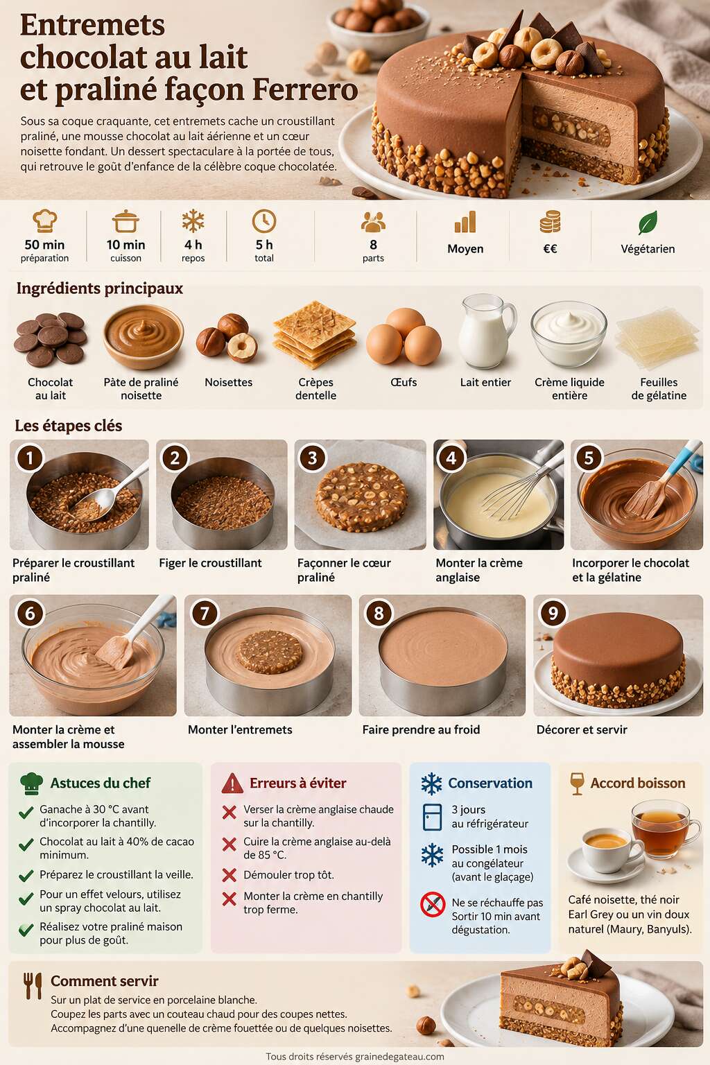 Fiche recette Recette d'entremets chocolat au lait et pralin&eacute; fa&ccedil;on Ferrero