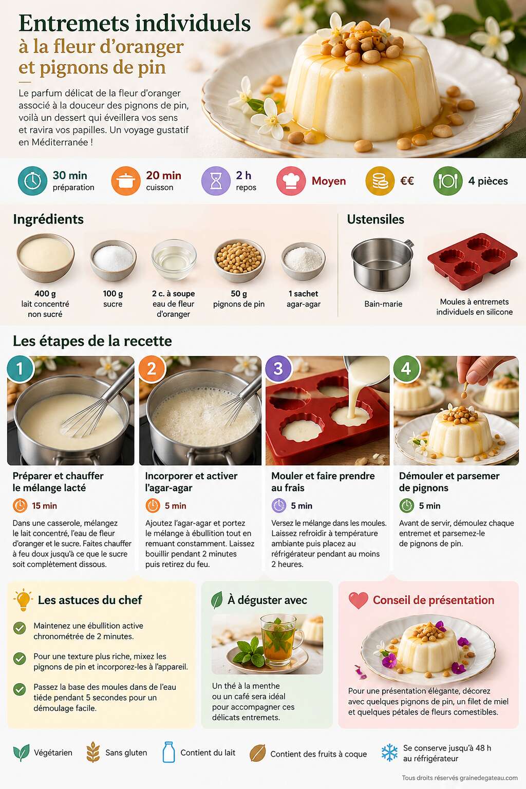 Fiche recette Recette d'entremets individuels &agrave; la fleur d'oranger et pignons de pin