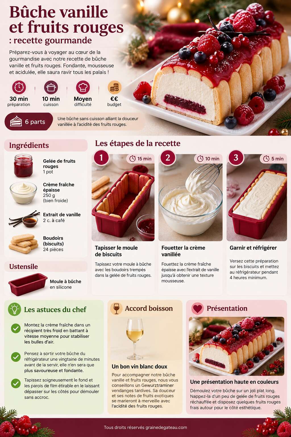 Fiche recette Bûche vanille et fruits rouges : recette gourmande Fiche recette Bûche vanille et fruits rouges : recette gourmande