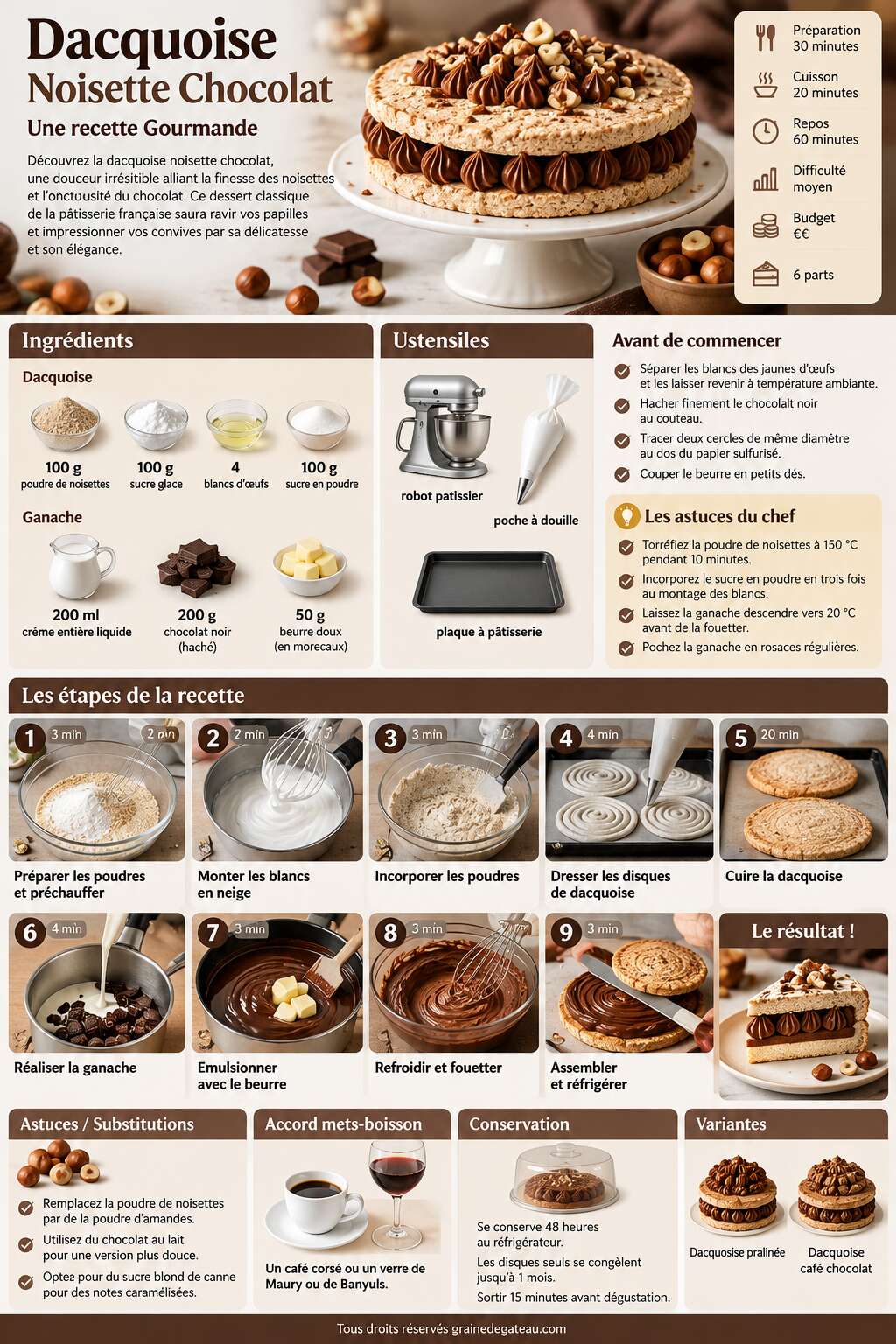 Fiche recette Dacquoise Noisette Chocolat : recette Gourmande
