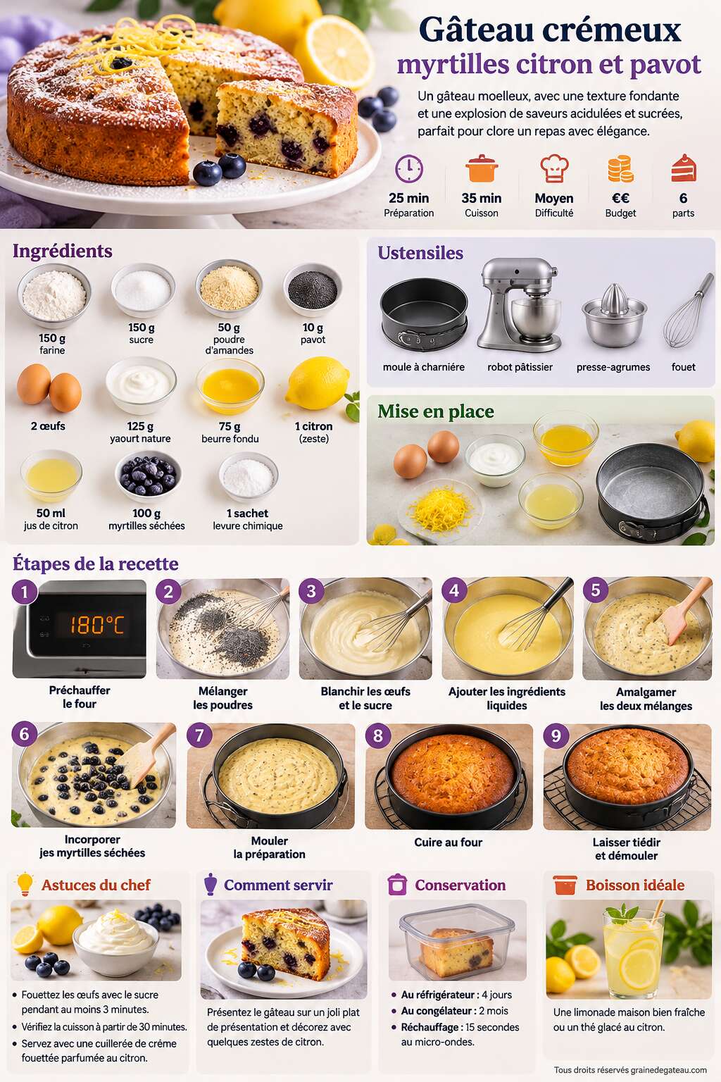 Fiche recette Gâteau crémeux myrtilles citron et pavot : recette moelleuse et délicieuse Fiche recette Gâteau crémeux myrtilles citron et pavot : recette moelleuse et délicieuse